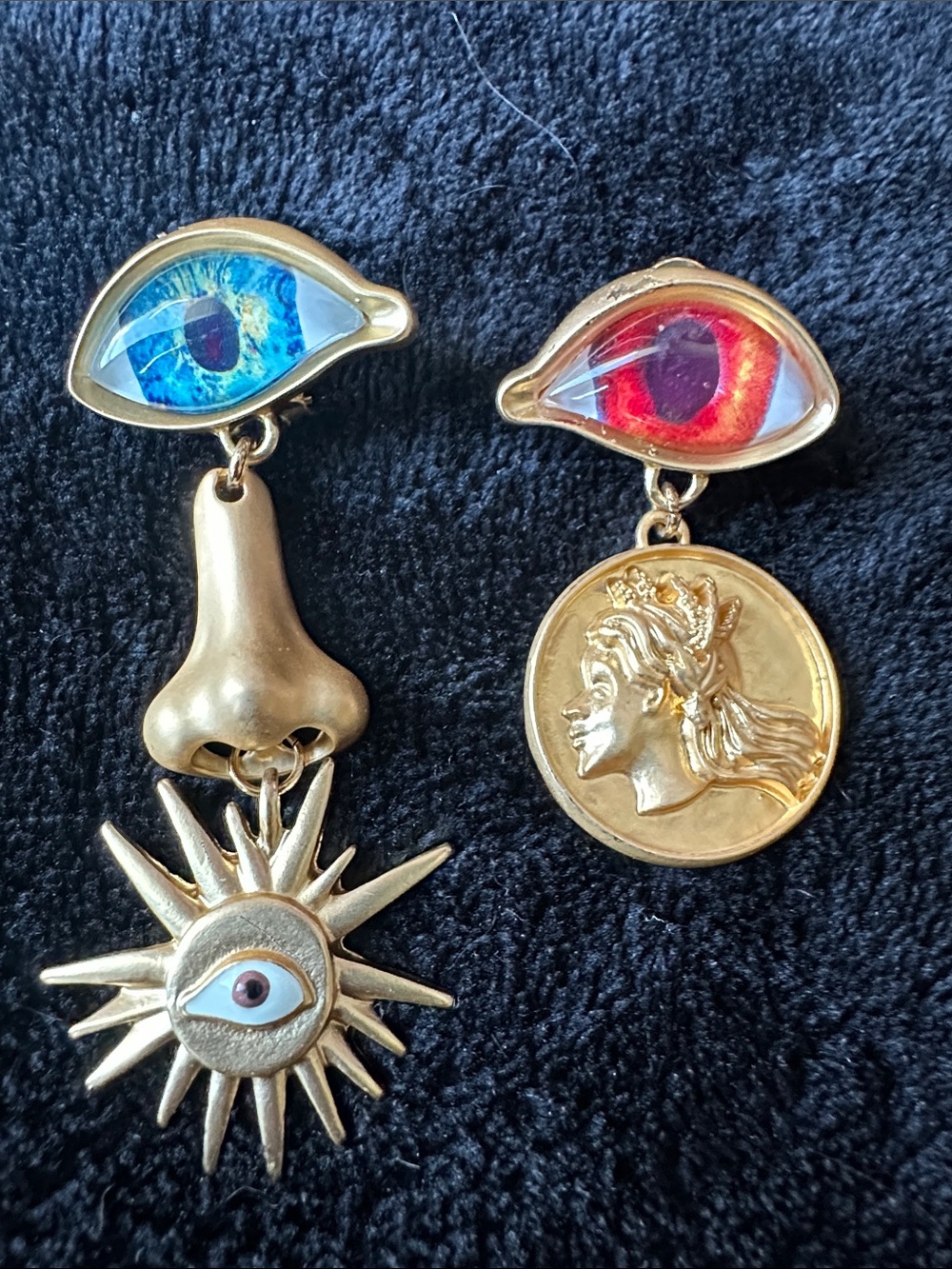 Gold-Tone Asymmetrical Eye & Coin Drop Earrings with Blue and Red Accents